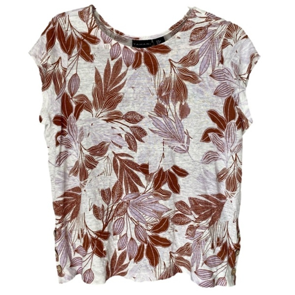 TAHARI Top 100% Linen Slub Knit Pullover Brown Lavender Leaf Print Women Size M